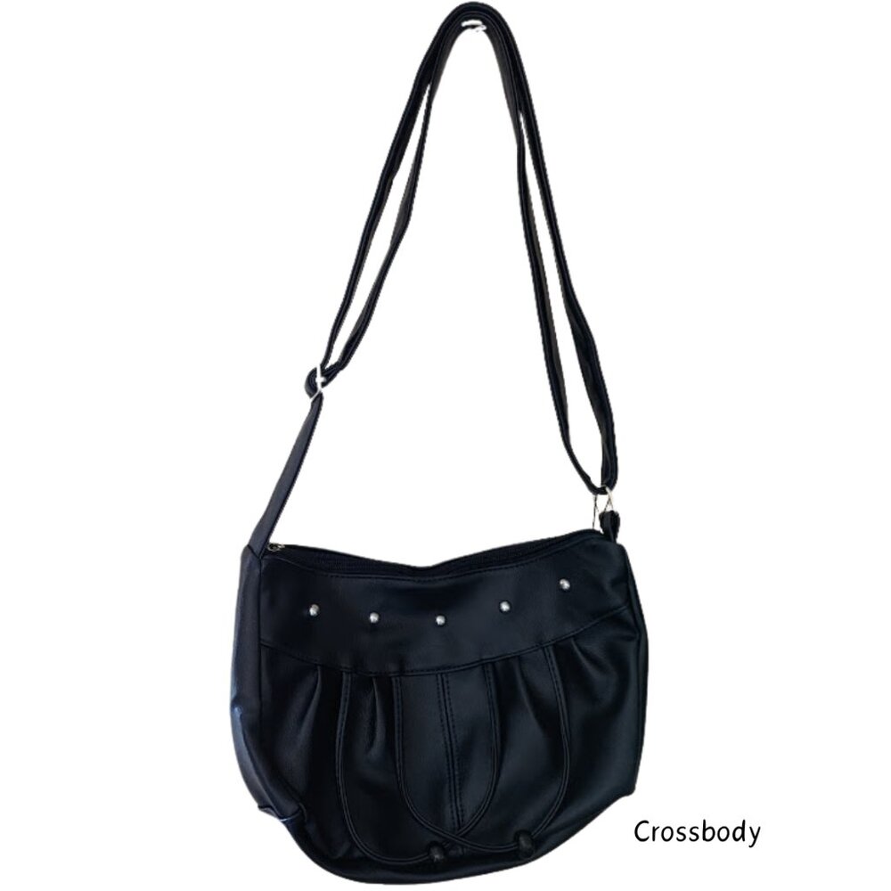 Women's Crossbody Dark Navy Faux Leather Bag w/ Silver-Toned Studs & Beads NWT